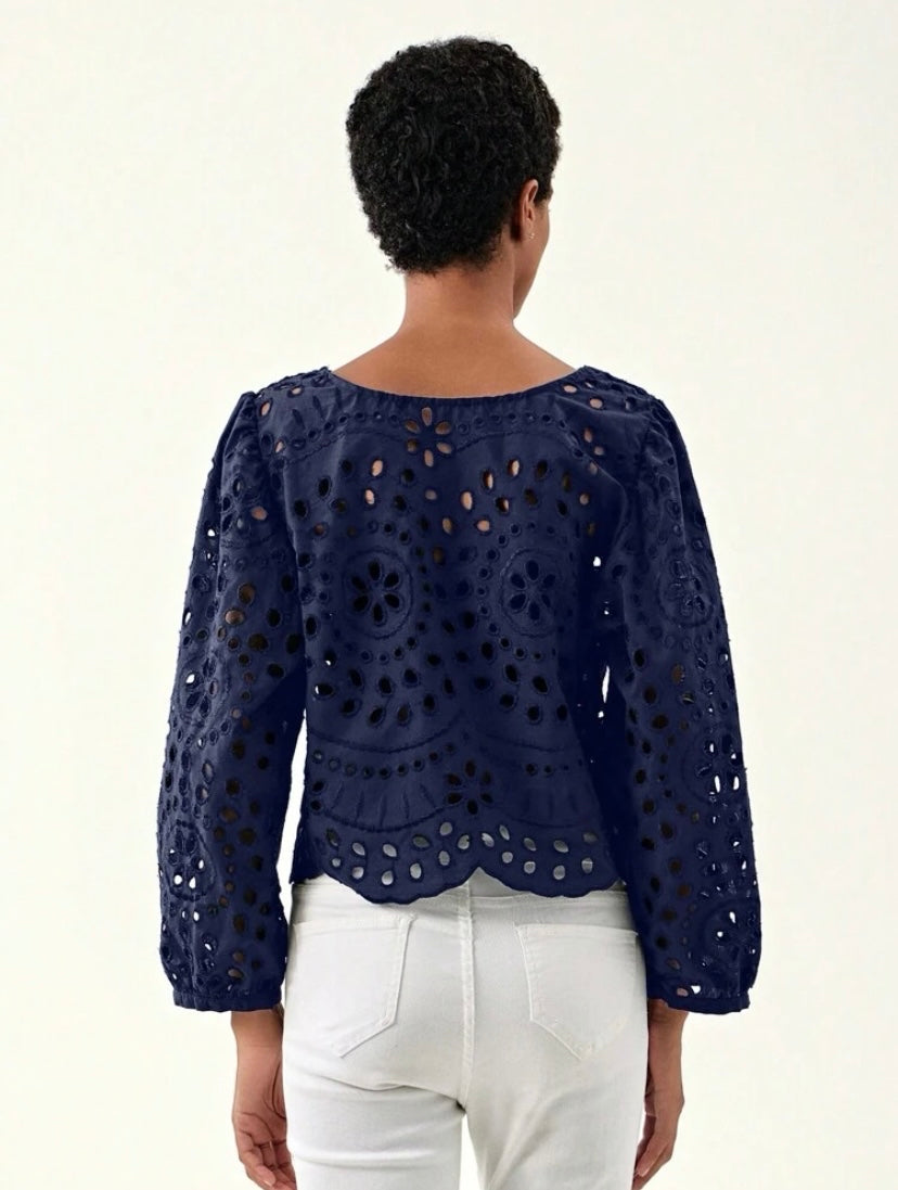 CM-TS121412 Women Trendy Bohemian Style Tie Neck Eyelet Embroidery Hollow Out Blouse