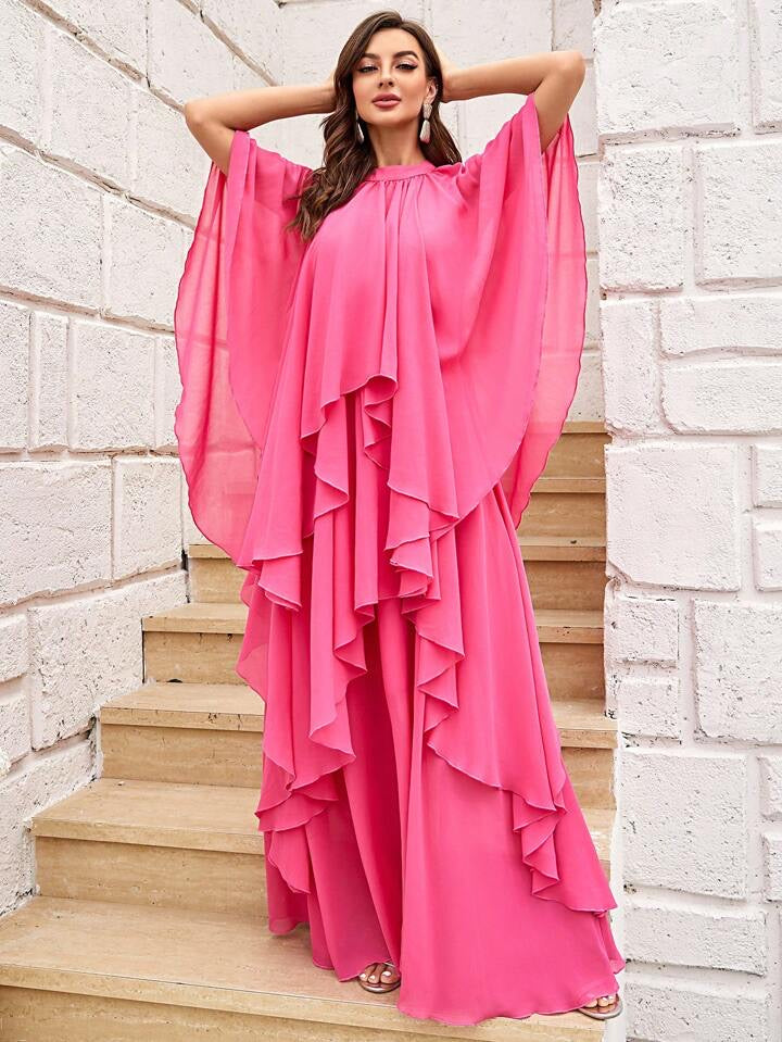 CM-DS814845 Women Elegant Seoul Style Ruffle Trim Batwing Sleeve Chiffon Dress - Hot Pink