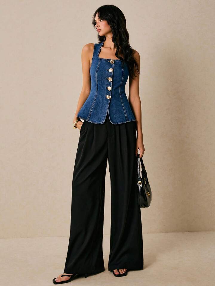 CM-TS555761 Women Casual Seoul Style Dark Wash Square Neck Sleeveless Metal Button Decoration Denim Vest