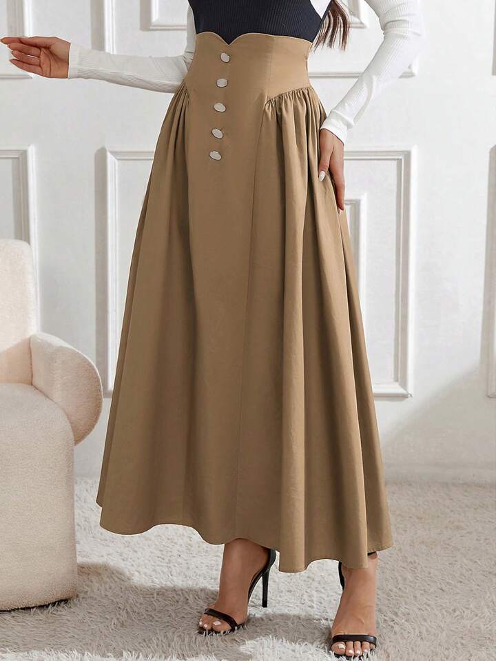 CM-BS236107 Women Elegant Seoul Style Button Decorated Pleated Skirt - Khaki