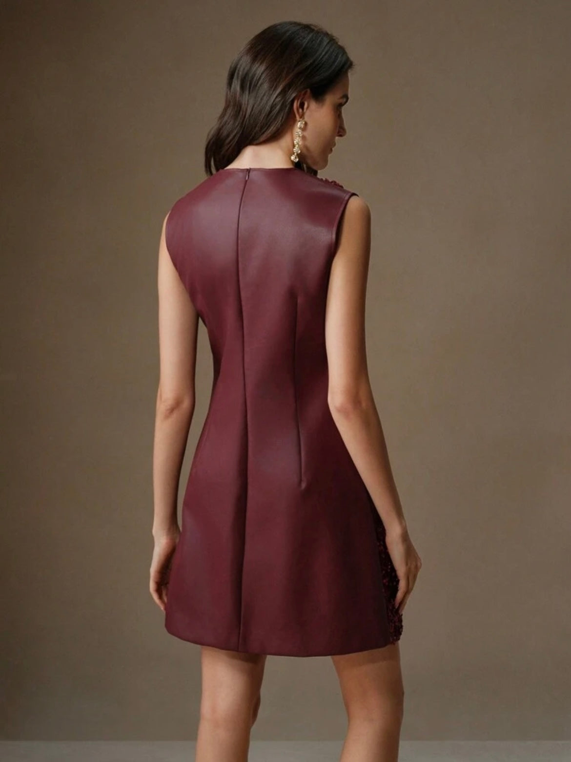 CM-DS187027 Women Elegant Seoul Style Sequin Panel Floral Lace Trim Round Neck Short PU Dress - Burgundy