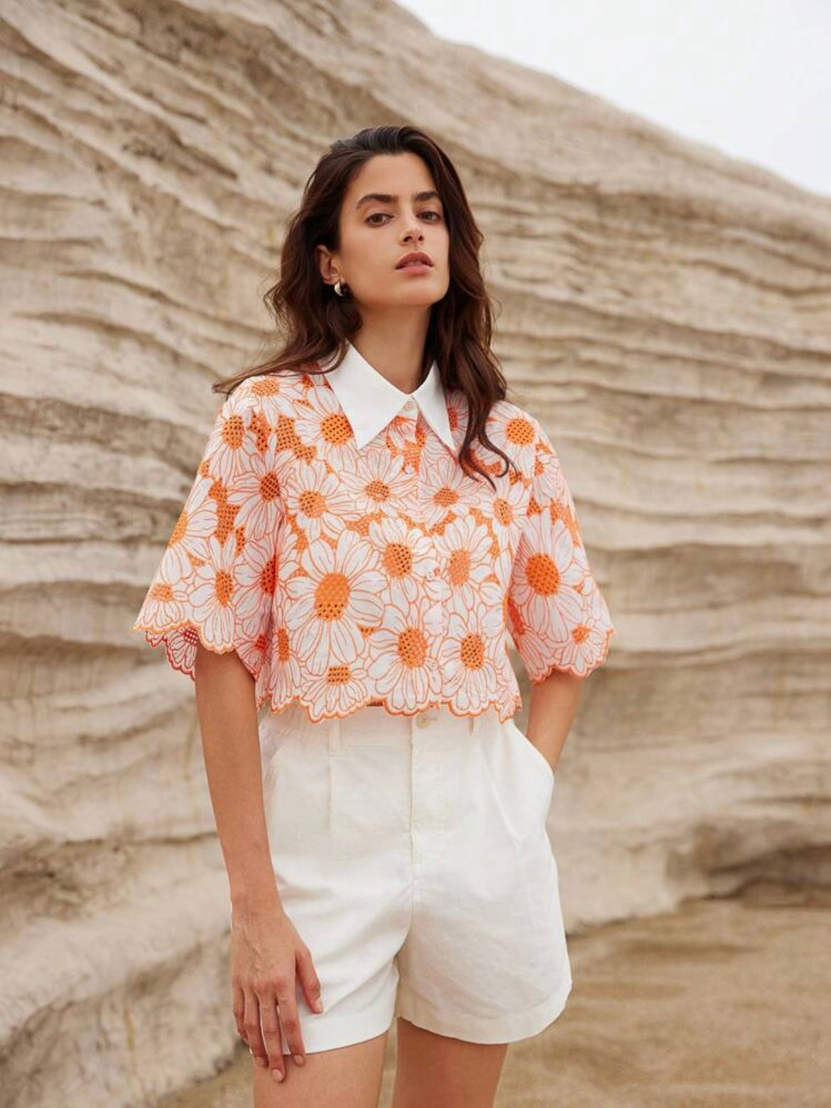 CM-TS660151 Women Trendy Bohemian Style Daisy Embroidery Hollow Out Shirt - Orange