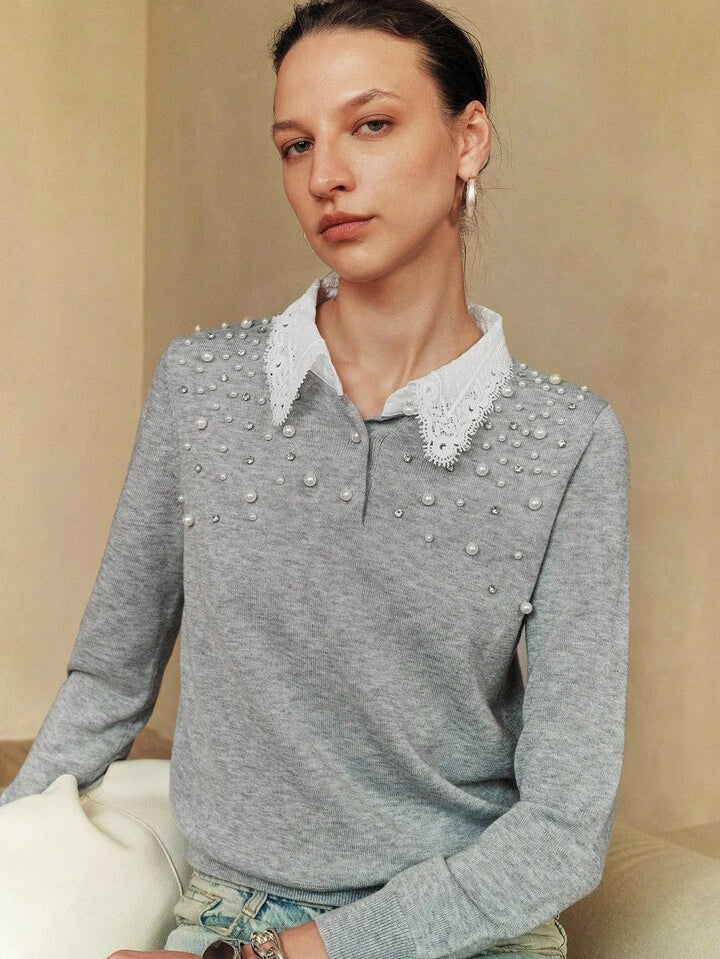 CM-CS224992 Women Elegant Seoul Style Contrast Lace Asymmetrical Gradient Bubble Beads Decor Sweater