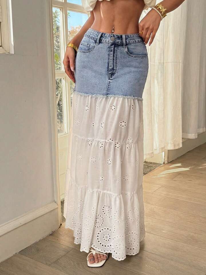 CM-BS483954 Women Casual Seoul Style Low Waist Hollow-Out Embroidery Patchwork Denim Skirt