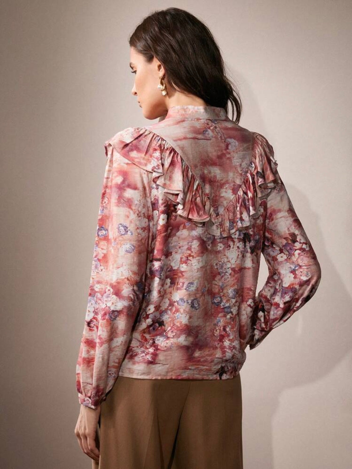 CM-TS495262 Women Elegant Seoul Style Floral Print Lace Ruffled Trim Blouse - Burgundy