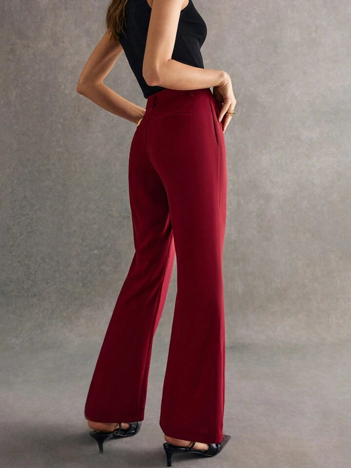 CM-BS561105 Women Elegant Seoul Style Solid Color Flare Leg Pocket Detail Long Pants - Burgundy