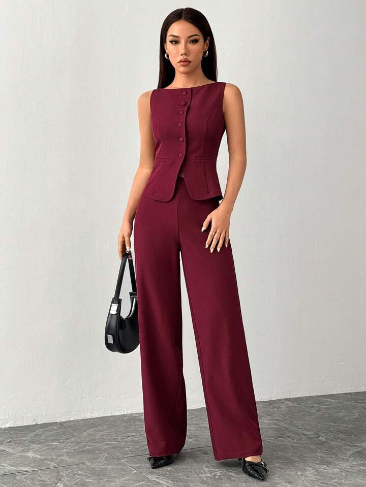 CM-SS055036 Women Elegant Seoul Style Solid Color Round Neck Single-Breasted Vest With Pants Suit - Burgundy