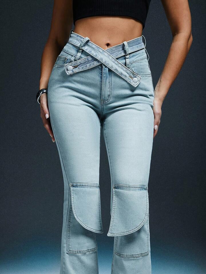 CM-BS223100 Women Casual Seoul Style Waist Belt Pocket Fitting Flare Leg Jeans - Baby Blue