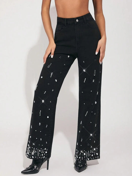 CM-BS765425 Women Casual Seoul Style Rhinestone Decoration Straight Leg Jeans - Black