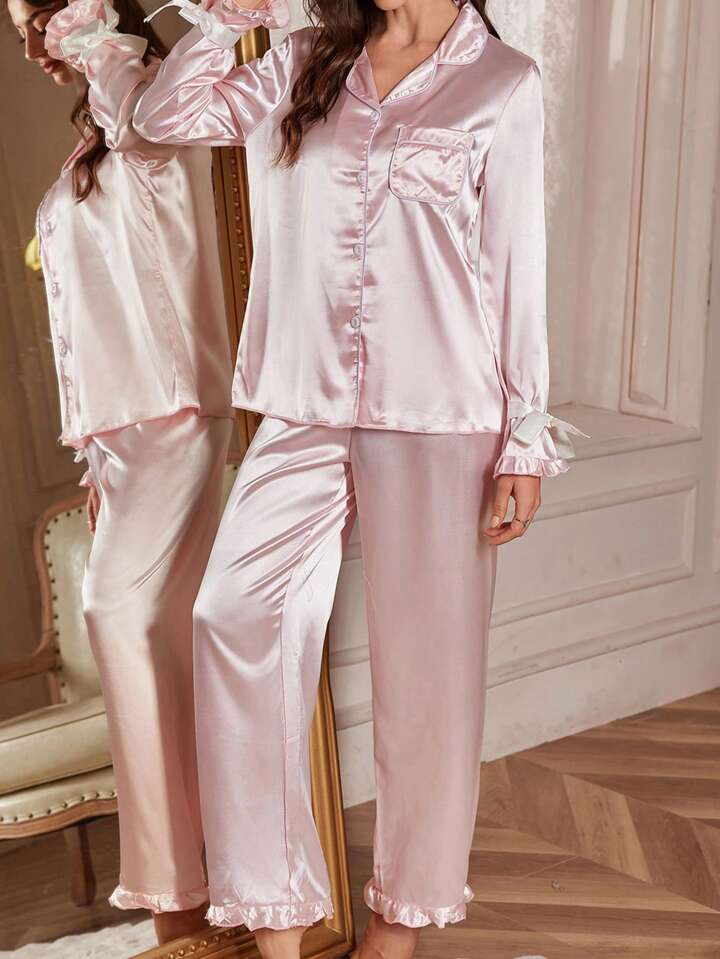 CM-LS879900 Women Trendy Seoul Style Faux Silk Tie Cuff Long Sleeve Top With Pants Pajama Set - Baby Pink