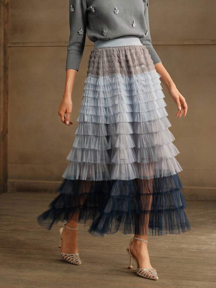 CM-BS752533 Women Elegant Seoul Style High Waist Gradient Mesh Contrast Cake Tulle Skirt - Blue