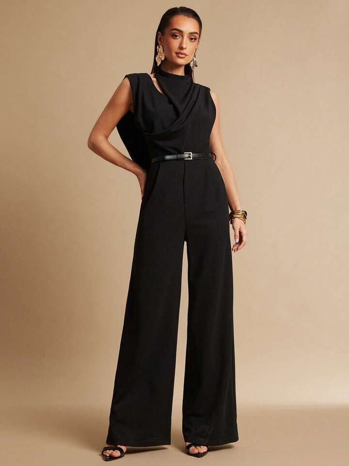 CM-JS394622 Women Elegant Seoul Style Stand Collar Sleeveless Pleated Backless Jumpsuit - Black