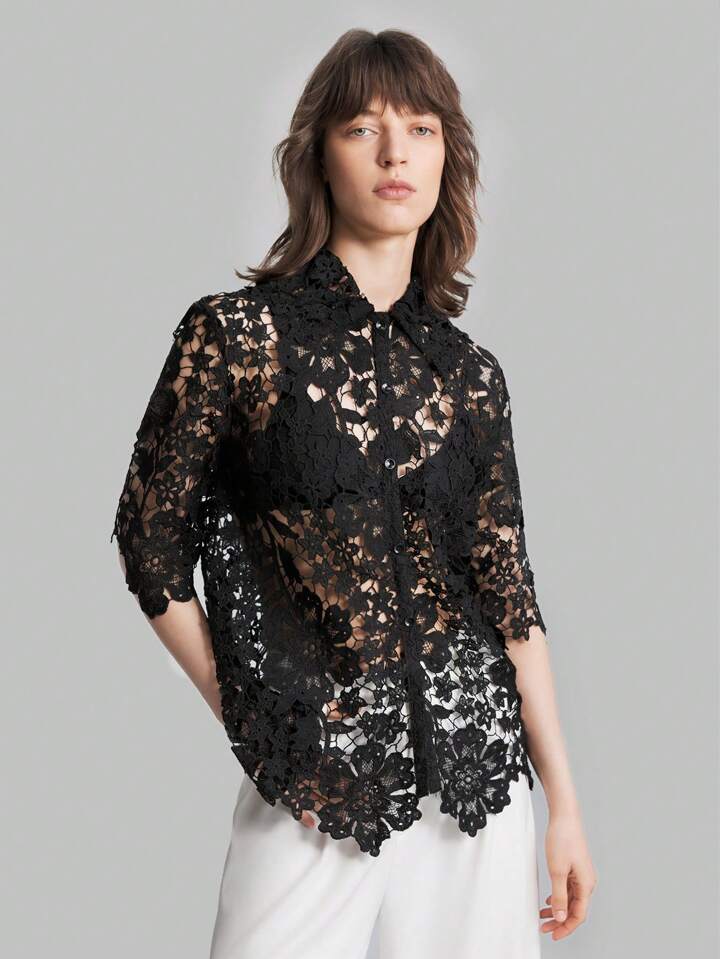 CM-TS336051 Women Casual Seoul Style Stand Collar Short Sleeve Lace Hollow Out Shirt - Black