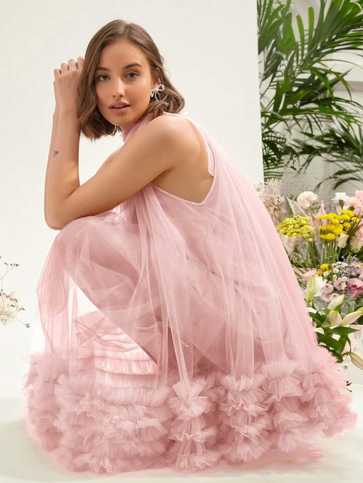 CM-DS049701 Women Elegant Seoul Style Multi-Layered Mesh Halter Neck Dress - Pink