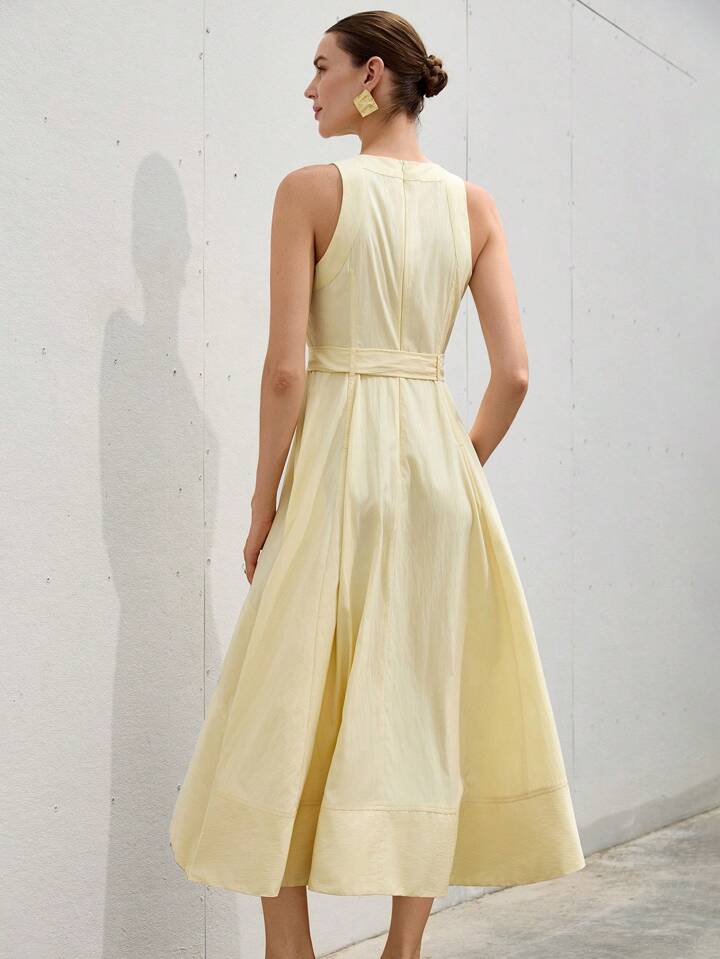 CM-DS531672 Women Elegant Seoul Style Round Neck Cinched Waist Asymmetrical Flare Hem Sleeveless Dress