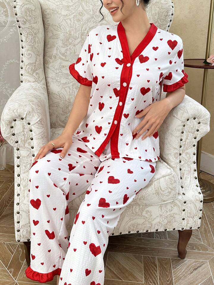 CM-LS163624 Wlomen Trendy Seoul Style Heart Print Ruffled Trim Short Sleeve Top With Long Pants Pajama Set