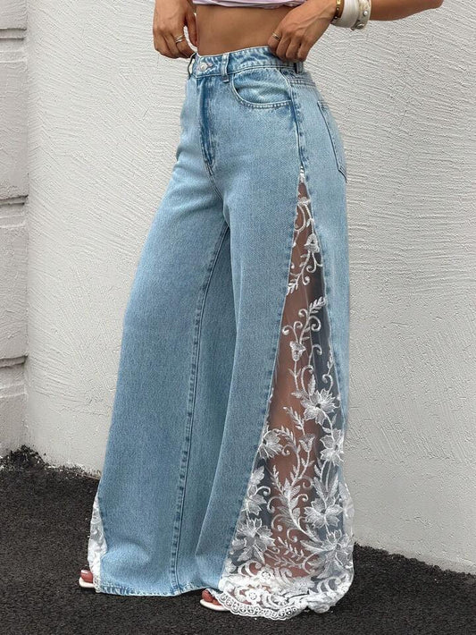 CM-BS984479 Women Casual Seoul Style Lace Patchwork Sheer Loose Denim Wide Leg Pants - Blue