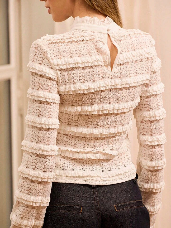CM-TS275196 Women Elegant Seoul Style Stand Collar Long Sleeve Contrast Black Tie Ruffled Lace Top - Beige