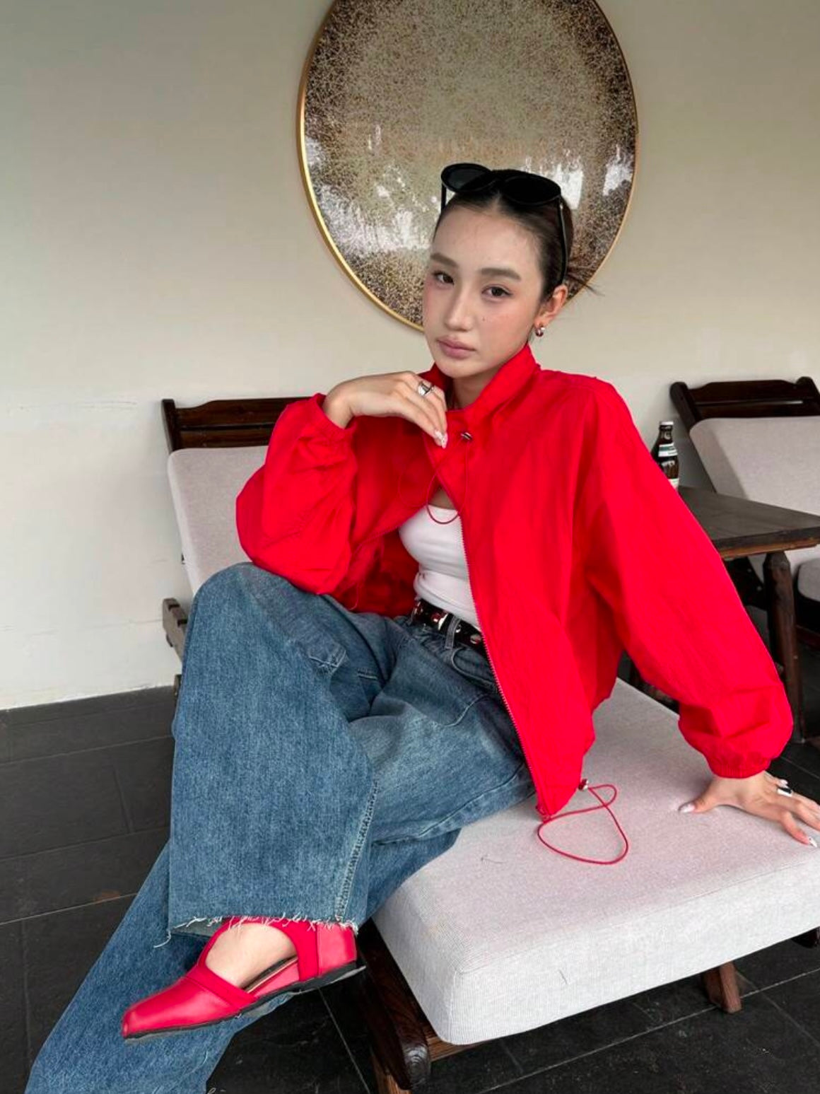 CM-CS791546 Women Casual Seoul Style Drawstring Collar Loose Fit Short Lightweight Jacket - Red