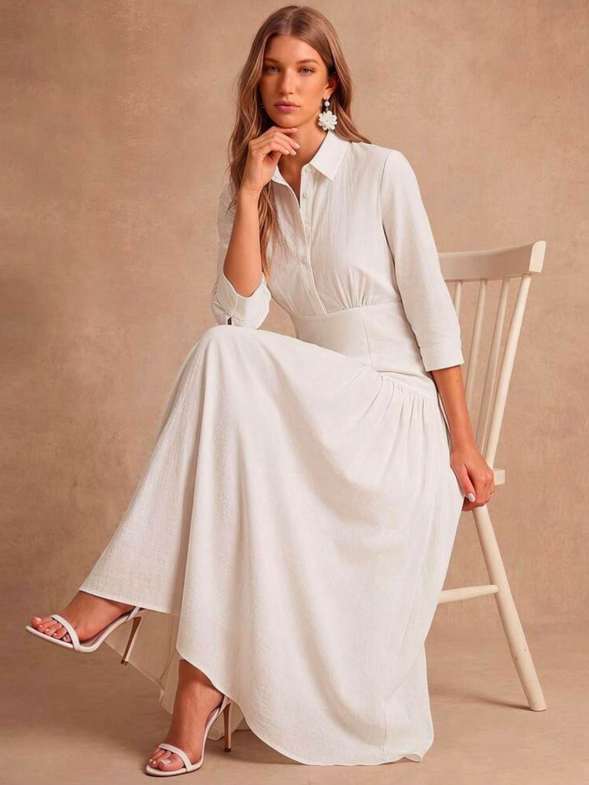 CM-DS246517 Women Elegant Seoul Style Collar Neckline 3/4 Sleeve Pleated Cinched Waist Dress - White