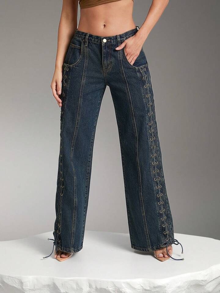 CM-BS613959 Women Casual Seoul Style Lace Up Exttra Long Wide Leg Denim Jeans