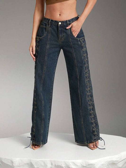 CM-BS613959 Women Casual Seoul Style Lace Up Exttra Long Wide Leg Denim Jeans