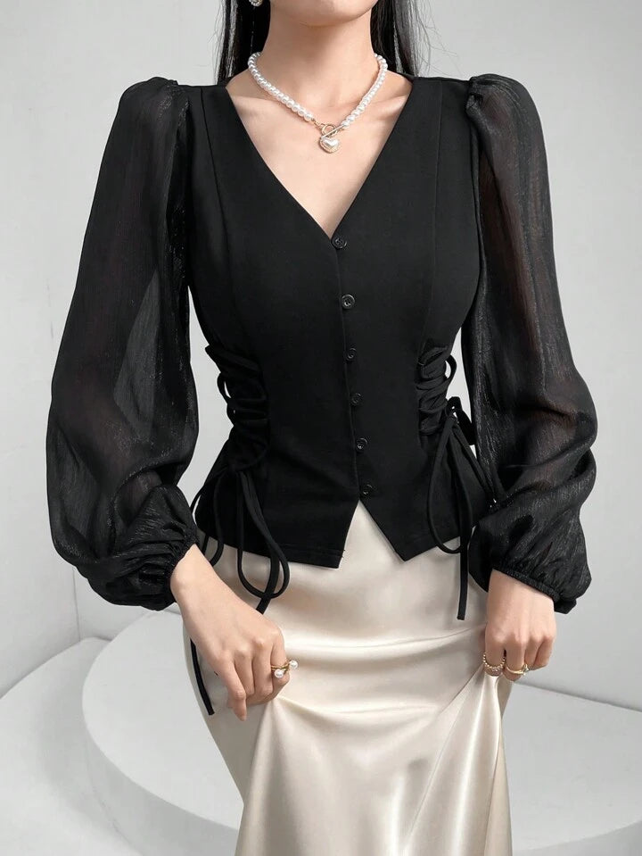 CM-TS854985 Women Elegant Seoul Style Sheer V-Neck Puff Lantern Sleeves Lace-Up Detail Blouse - Black