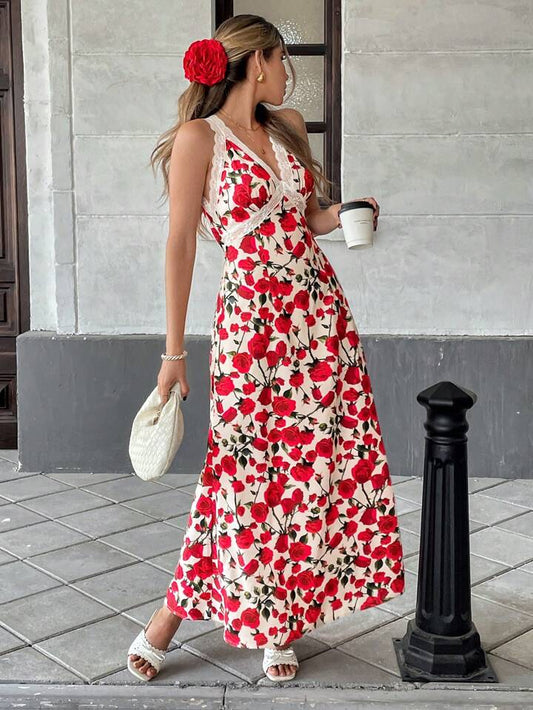 CM-DS793321 Women Casual Seoul Style Lace Panel Floral Print V-Neck Sleeveless Dress