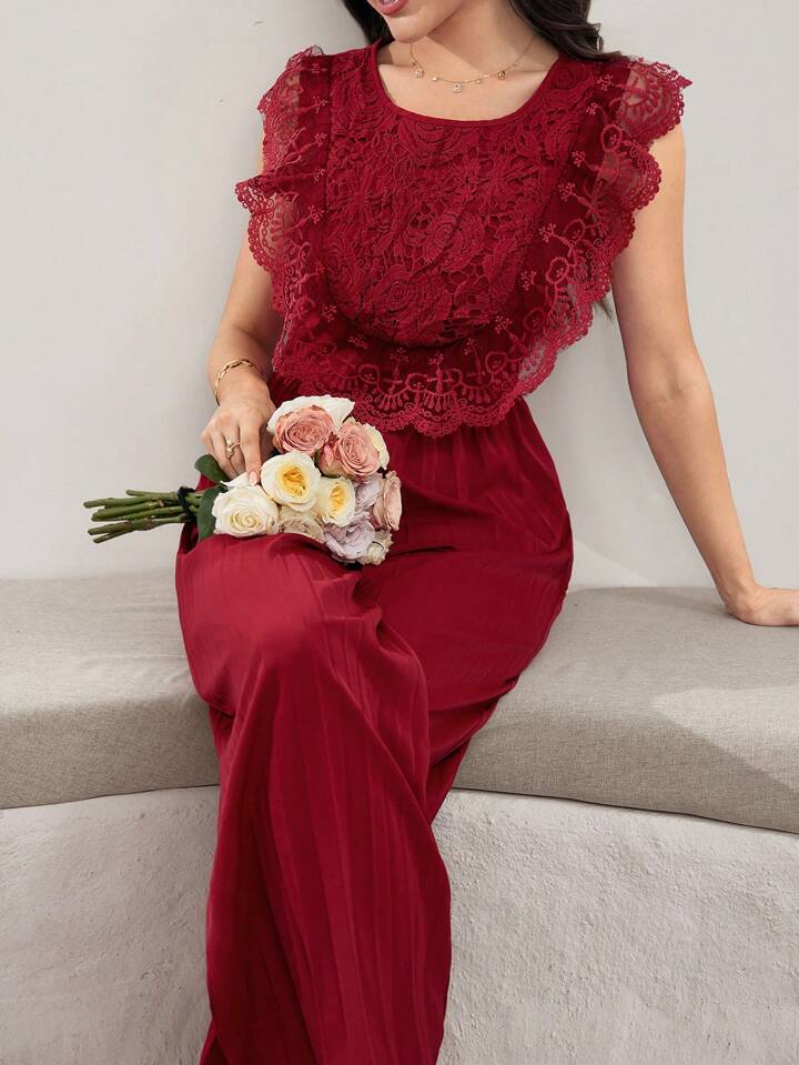 CM-JS550455 Women Elegant Seoul Style Solid Color Embroidered Lace Trim Pleated Wide Leg Jumpsuit