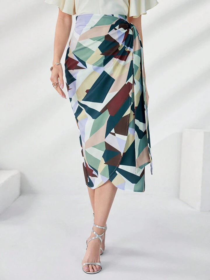 CM-BS808550 Women Elegant Seoul Style Geometric Print Knot Side Wrap Skirt