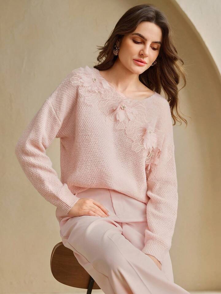 CM-CS688184 Women Elegant Seoul Style Round Neck Hollow-Out 3D Floral Long Sleeve Oversized Sweater - Pink