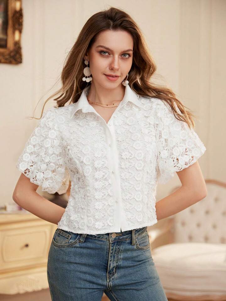 CM-TS827059 Women Elegant Seoul Style Embroidered Pearl Button Sheer Puff Sleeve Crop Shirt