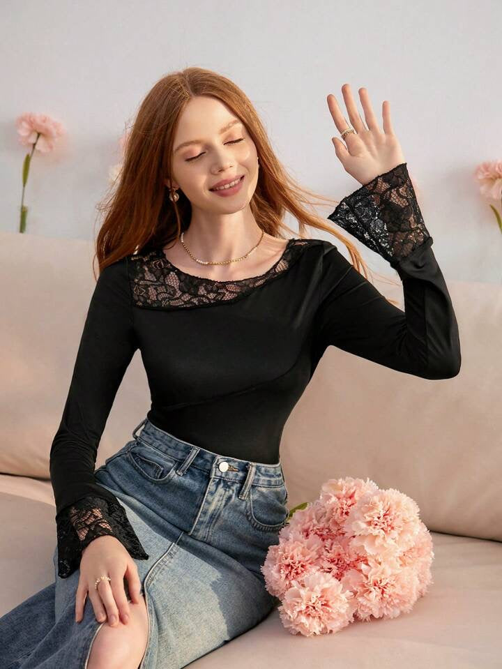 CM-TS265944 Women Casual Seoul Style Patchwork Lace Asymmetrical Neckline Flare Sleeve T-Shirt