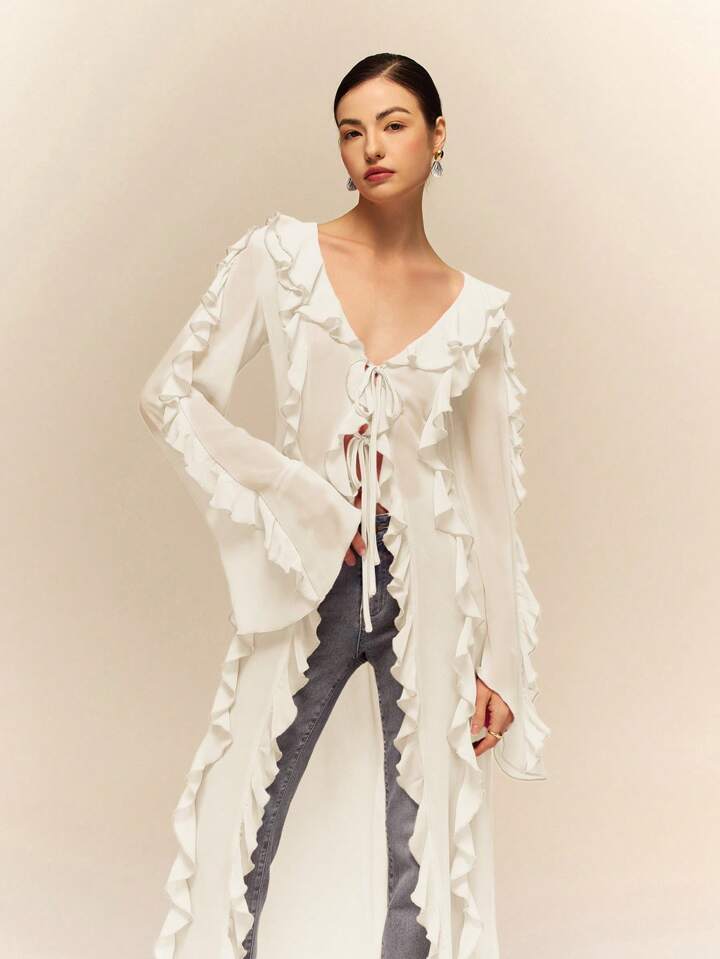 CM-TS176249 Women Casual Seoul Style Ruffle Tie Neck Extra Long Sleeve Sheer Long Shirt - Apricot