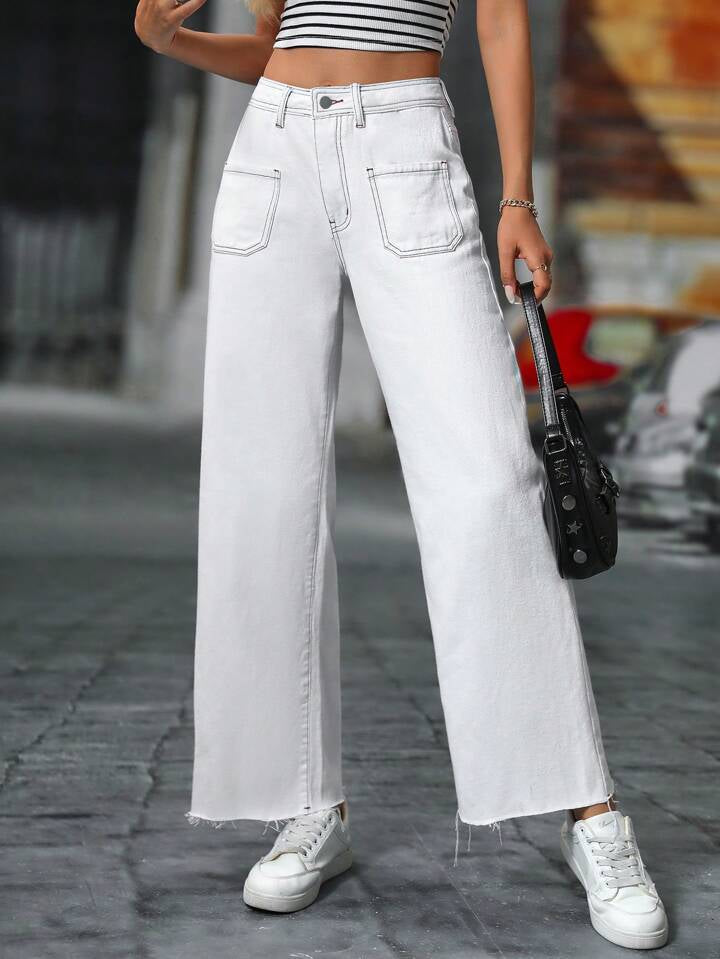 CM-BS612644 Women Casual Seoul Style Solid Color Frayed Hem Straight Leg Jeans With Pockets