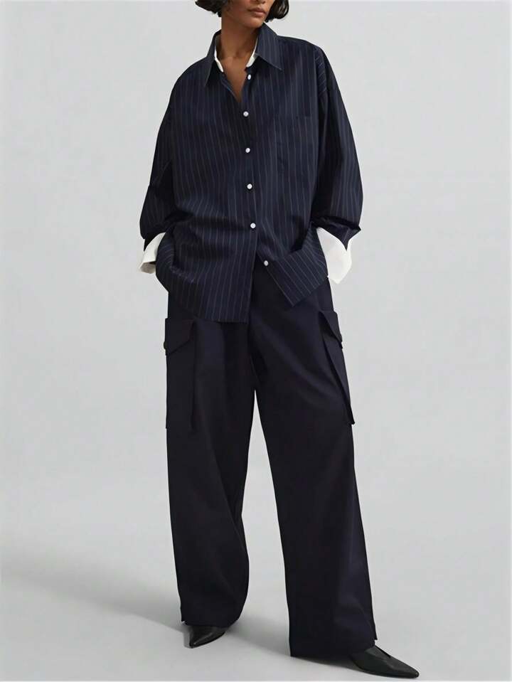 CM-TS867357 Women Elegant Seoul Style Shirt Collar Button Front Long Sleeve Striped Blouse - Navy Blue