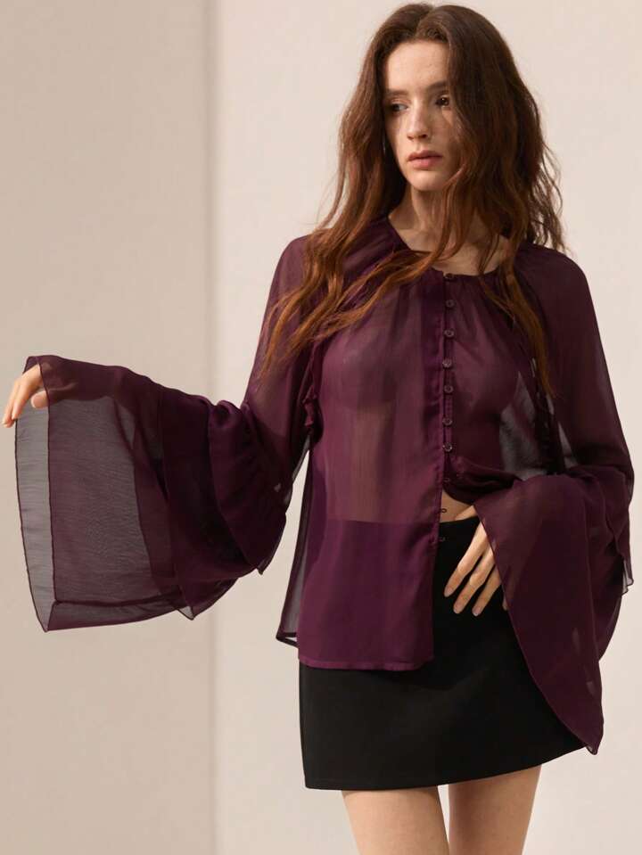 CM-TS850216 Women Elegant Seoul Style Chiffon Crinkle Round Neck Button Front Layered Ruffled Long Sleeve Blouse