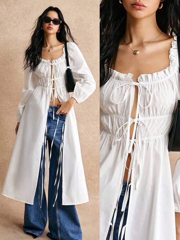 CM-TS147828 Women Casual Seoul Style Lace Up Bowknot Front Lantern Sleeve Long Shirt - White