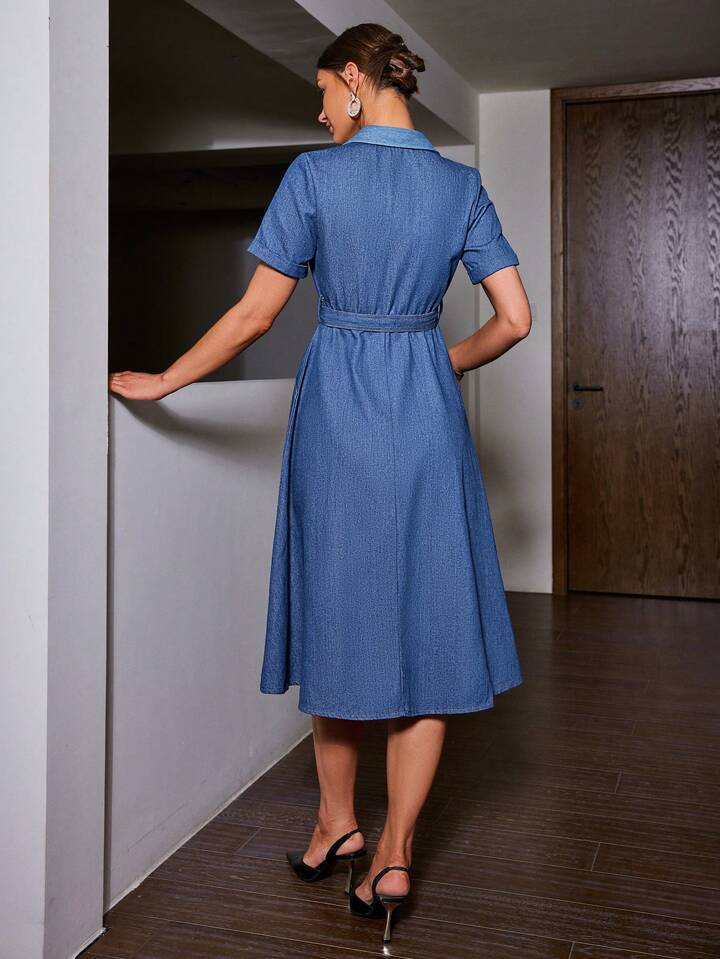 CM-DS846599 Women Elegant Seoul Style Denim-Effect Print Short Sleeve D-Ring Belted Dress - Blue