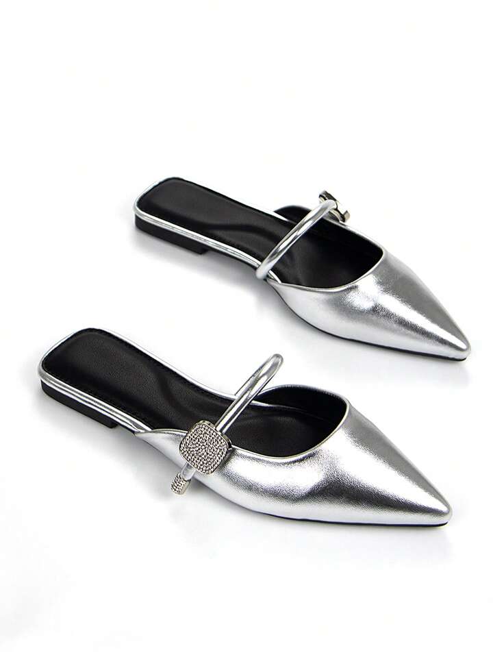 CM-SHS519185 Women Trendy Seoul Style Silver Crystal Encrusted Strap Decor Metallic Point Toe Mules - Silver