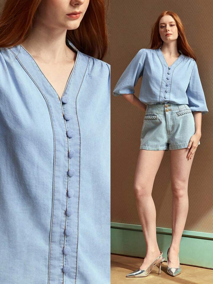 CM-TS906161 Women Casual Seoul Style Notched Neckline 3/4 Sleeve Single-Breasted Denim Blouse - Blue