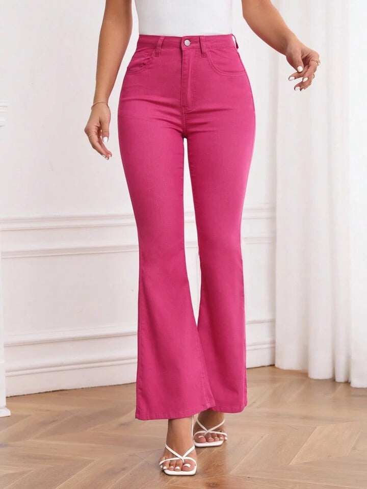 CM-BS476121 Women Casual Seoul Style High Waist Flare Leg Jeans - Hot Pink