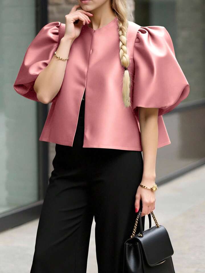 CM-TS476083 Women Elegant Seoul Style Solid Color Round Neck Puff Sleeve Shirt - Pink