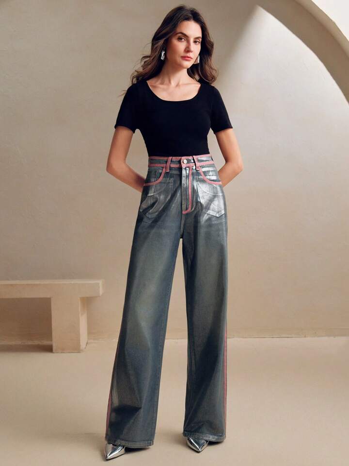 CM-BS238888 Women Elegant Seoul Style High Waist Silver Hot Stamping Flare Jeans - Blue