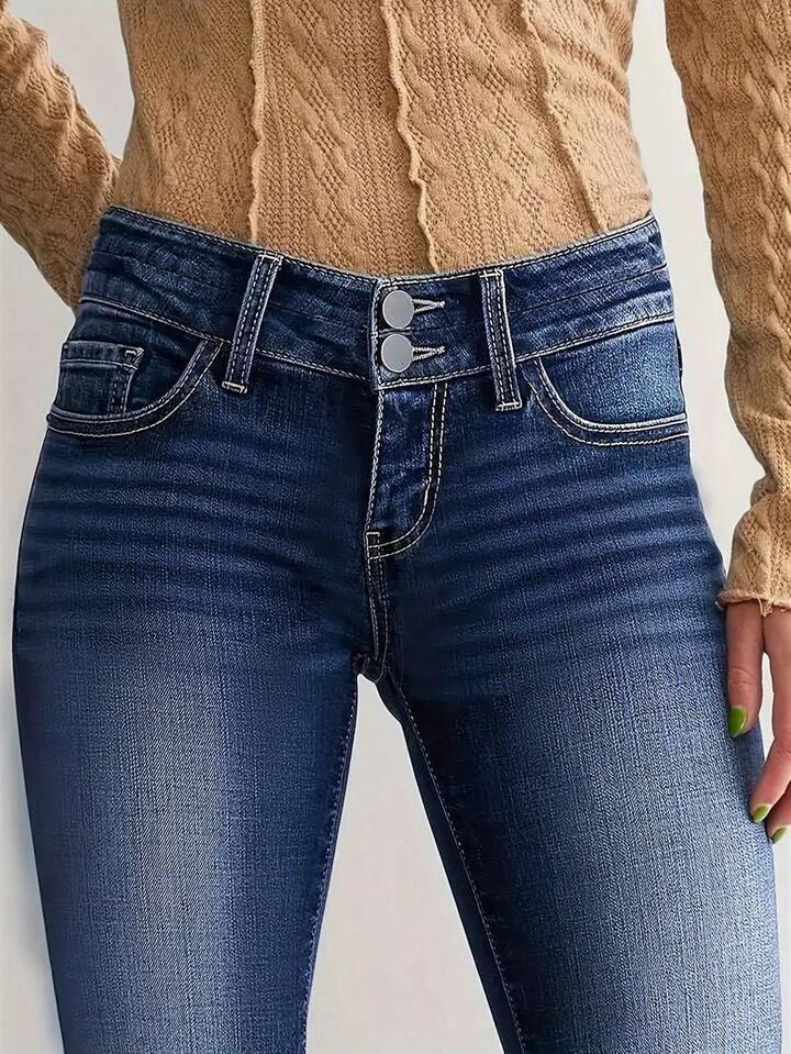 CM-BS378658 Women Casual Seoul Style Dark Wash Low Waist Slim Fit Flared Jeans