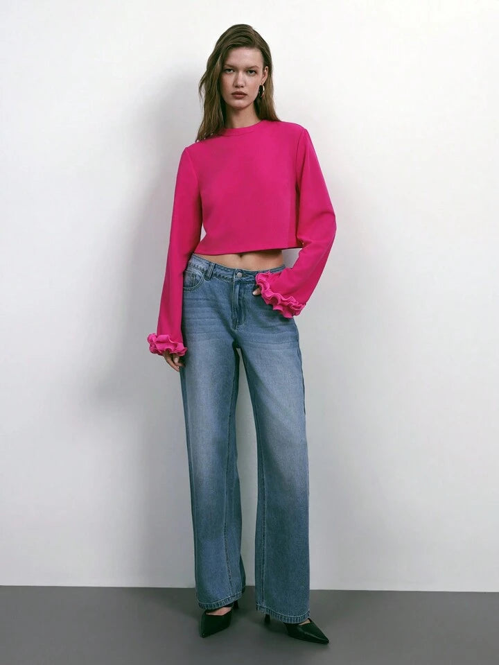 CM-TS102200 Women Casual Seoul Style Scoop Neck Patchwork Floral Cuff 3D Top - Hot Pink