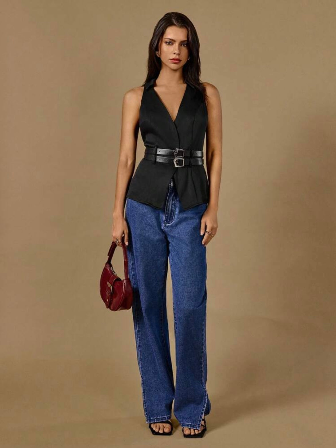 CM-TS204035 Women Casual Seoul Style Solid Color V-Neck Belted Sleeveless Blouse - Black