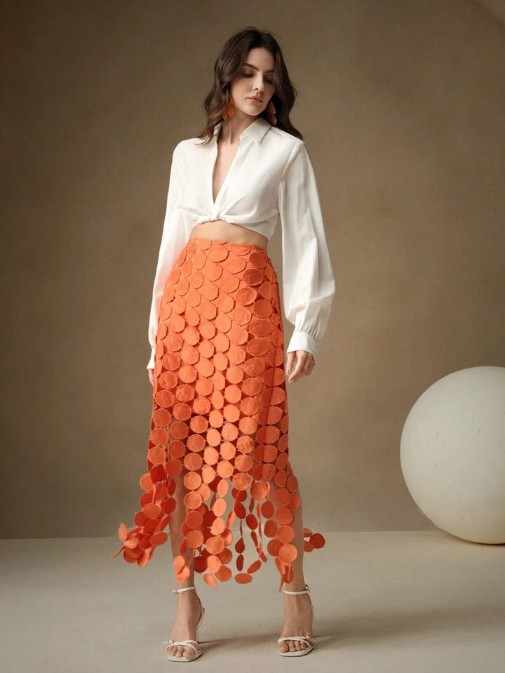 CM-BS858154 Women Trendy Bohemian Style Laser Cut Multi Circle Double Layered Maxi Skirt - Orange