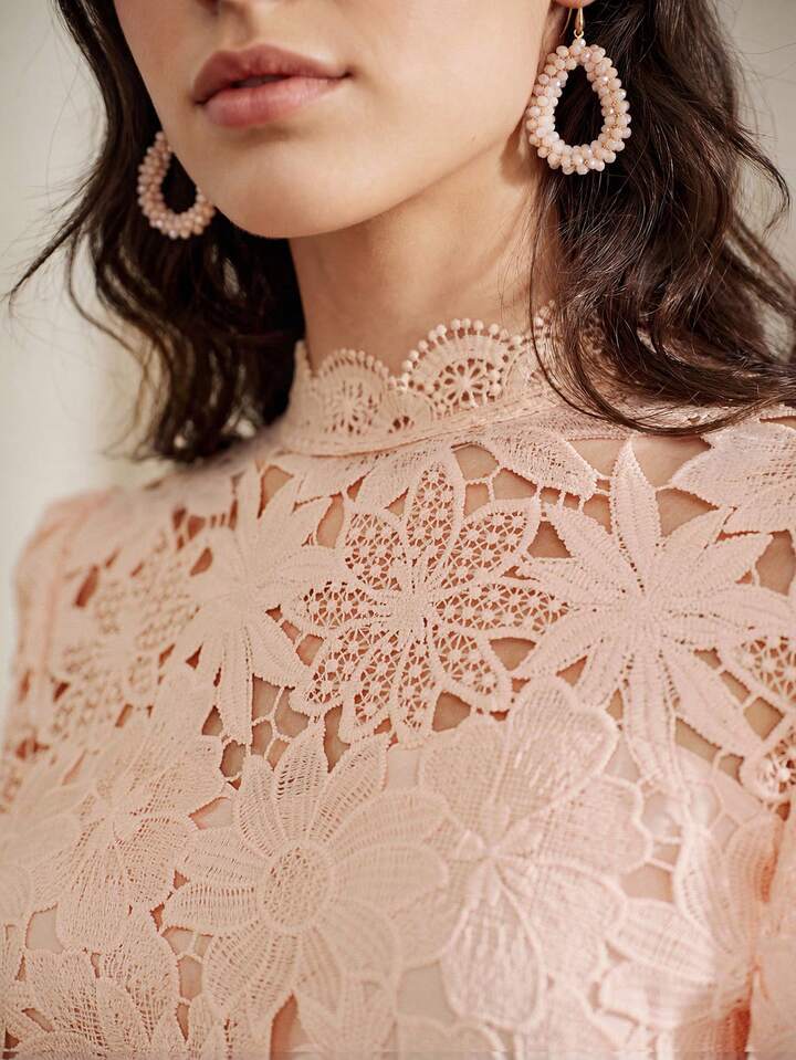 CM-TS151410 Women Elegant Seoul Style Collar Lace Cropped Floral Hollow Out Petal Sleeve Top - Pink