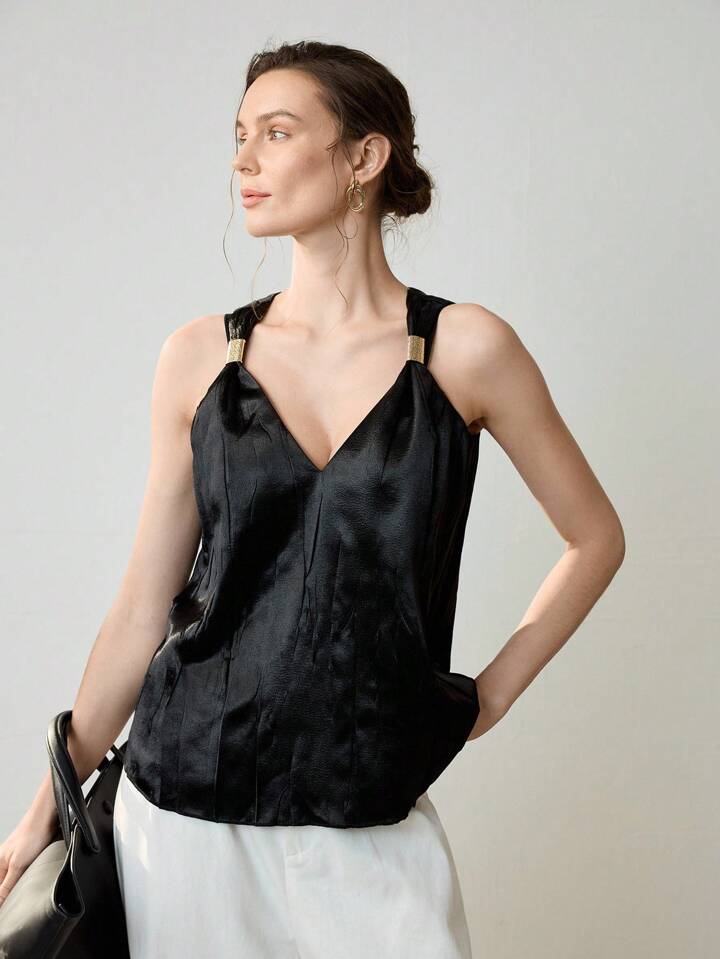 CM-TS147642 Women Casual Seoul Style Pleated V-Neck Sleeveless Vest Top - Black
